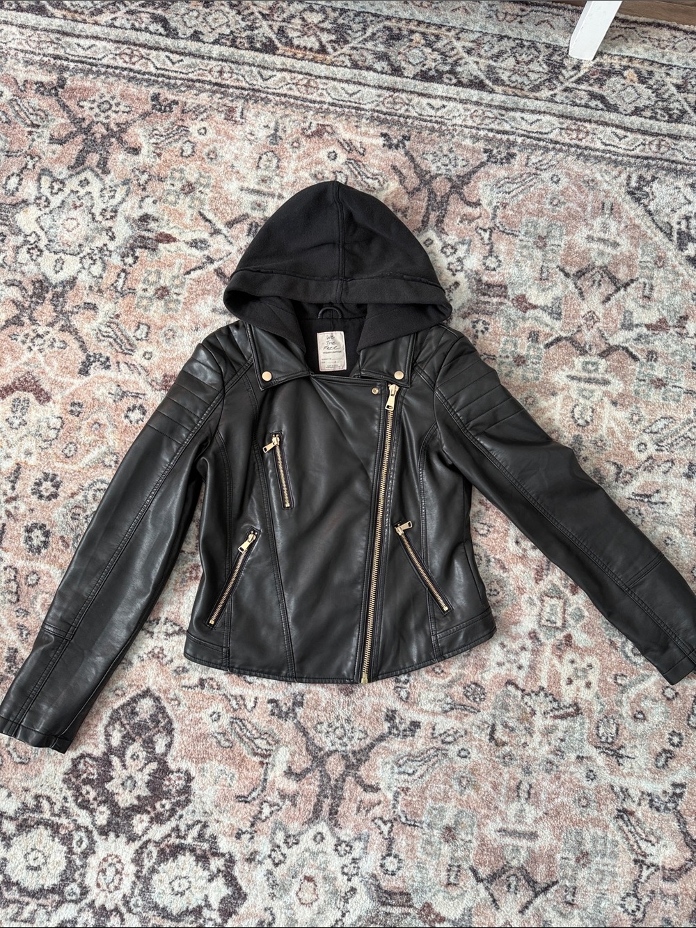 Free People Black Faux Leather Moto Jacket with Detachable Hood